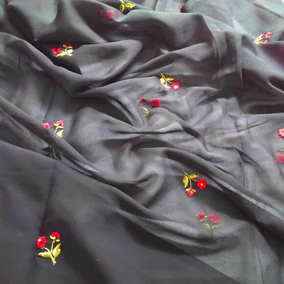Sheer Black Synthetic Chiffon Fabric with Embroidered & Sequin Rose Design - Picture 4 of 9
